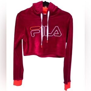 FILA Embroidered Velour Cropped Hoodie Red Small
